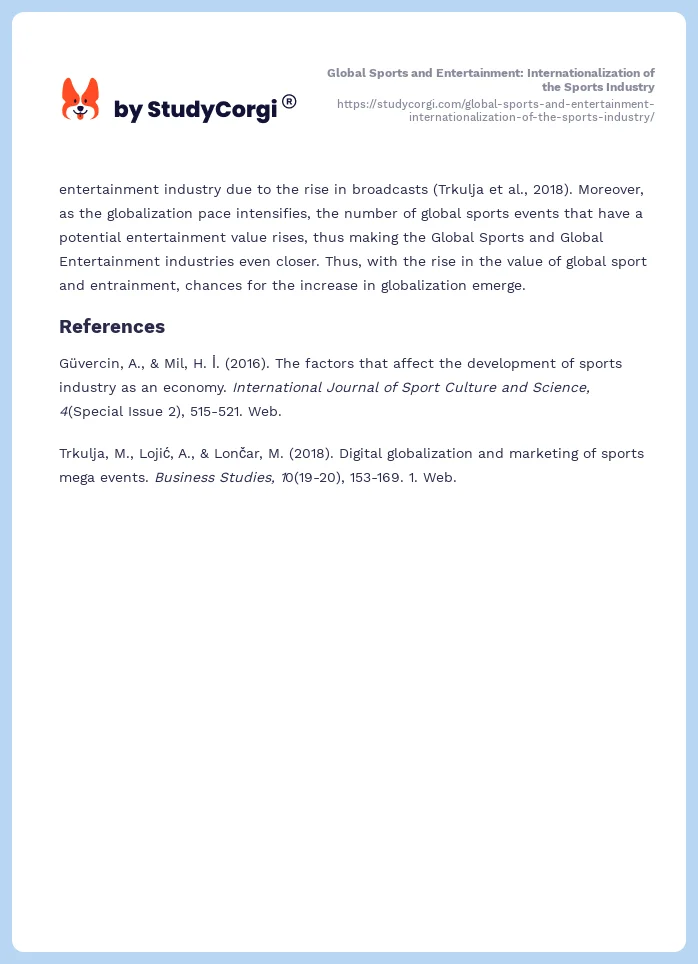 Global Sports and Entertainment: Internationalization of the Sports Industry. Page 2