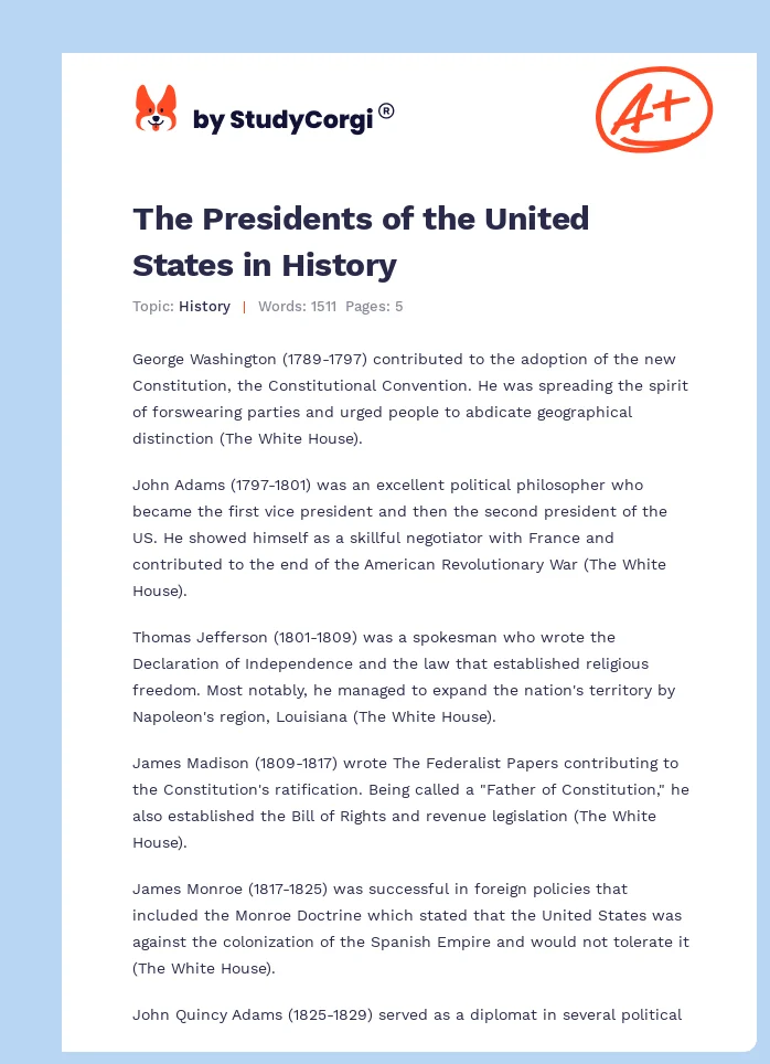 The Presidents of the United States in History. Page 1