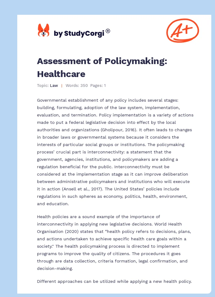 Assessment of Policymaking: Healthcare. Page 1