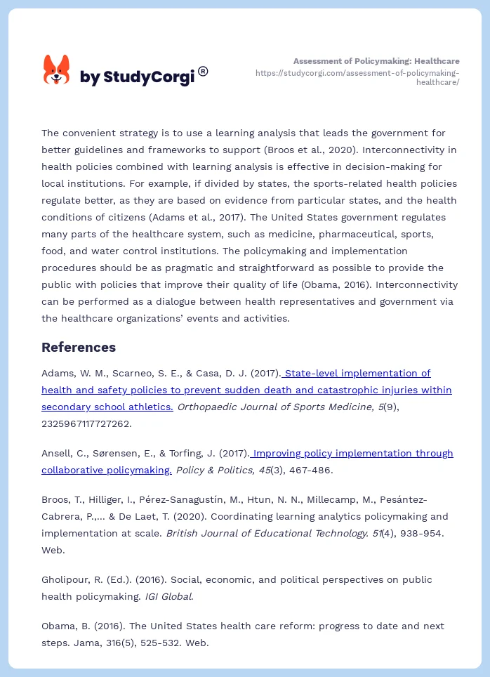Assessment of Policymaking: Healthcare. Page 2