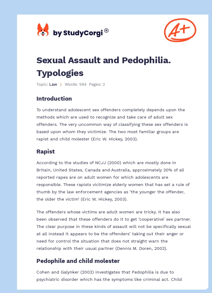 Sexual Assault and Pedophilia. Typologies. Page 1