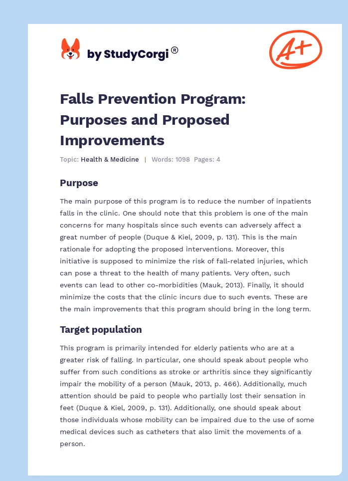 Falls Prevention Program: Purposes and Proposed Improvements. Page 1