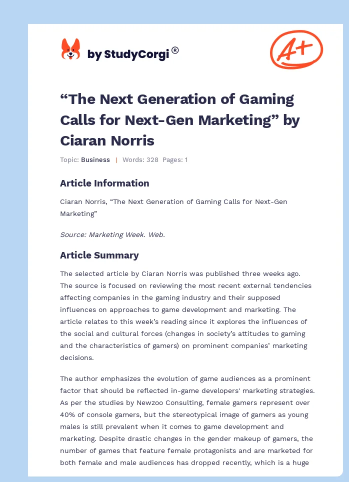 “The Next Generation of Gaming Calls for Next-Gen Marketing” by Ciaran Norris. Page 1