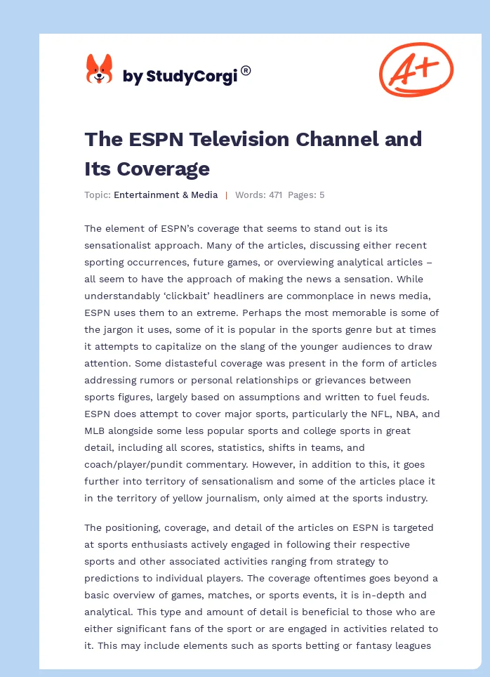 The ESPN Television Channel and Its Coverage. Page 1