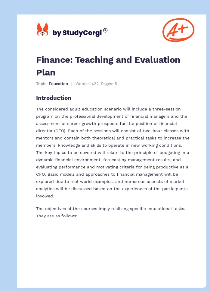 Finance: Teaching and Evaluation Plan. Page 1