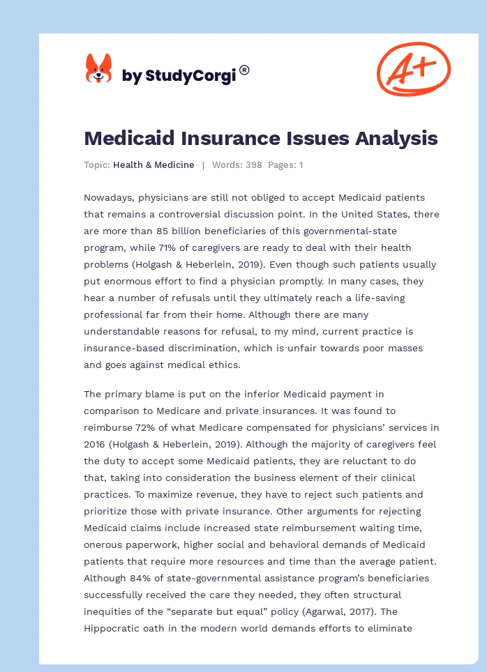 Medicaid Insurance Issues Analysis. Page 1