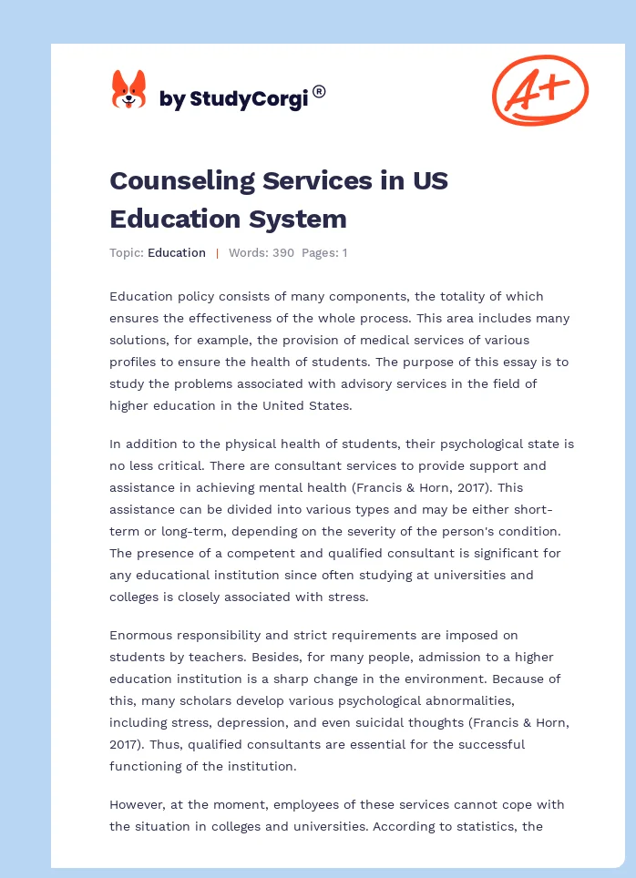 Counseling Services in US Education System. Page 1