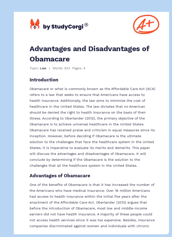 Advantages and Disadvantages of Obamacare. Page 1