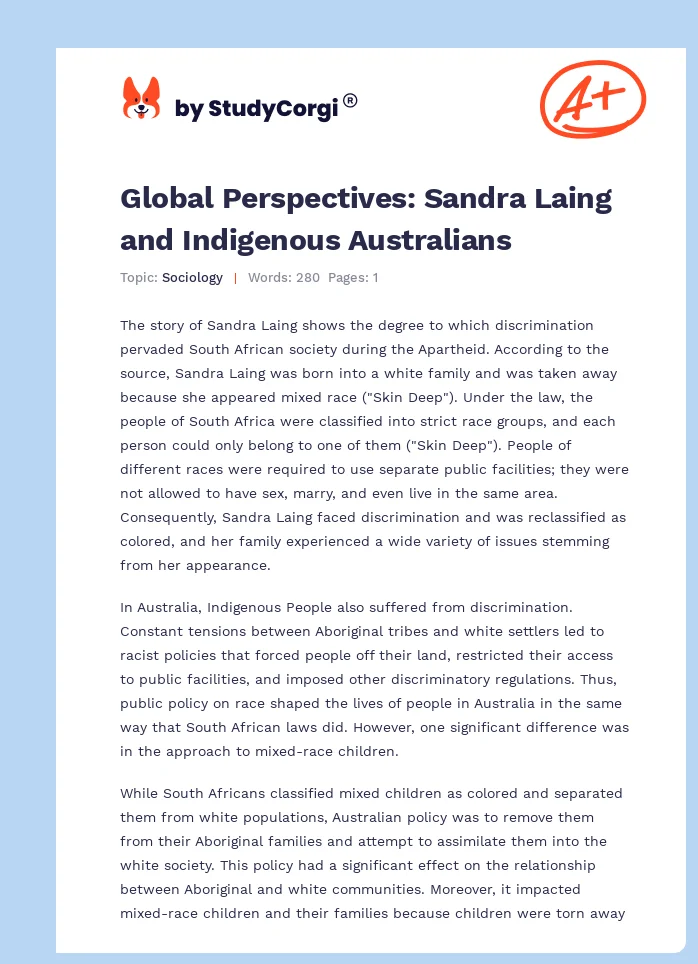 Global Perspectives: Sandra Laing and Indigenous Australians. Page 1