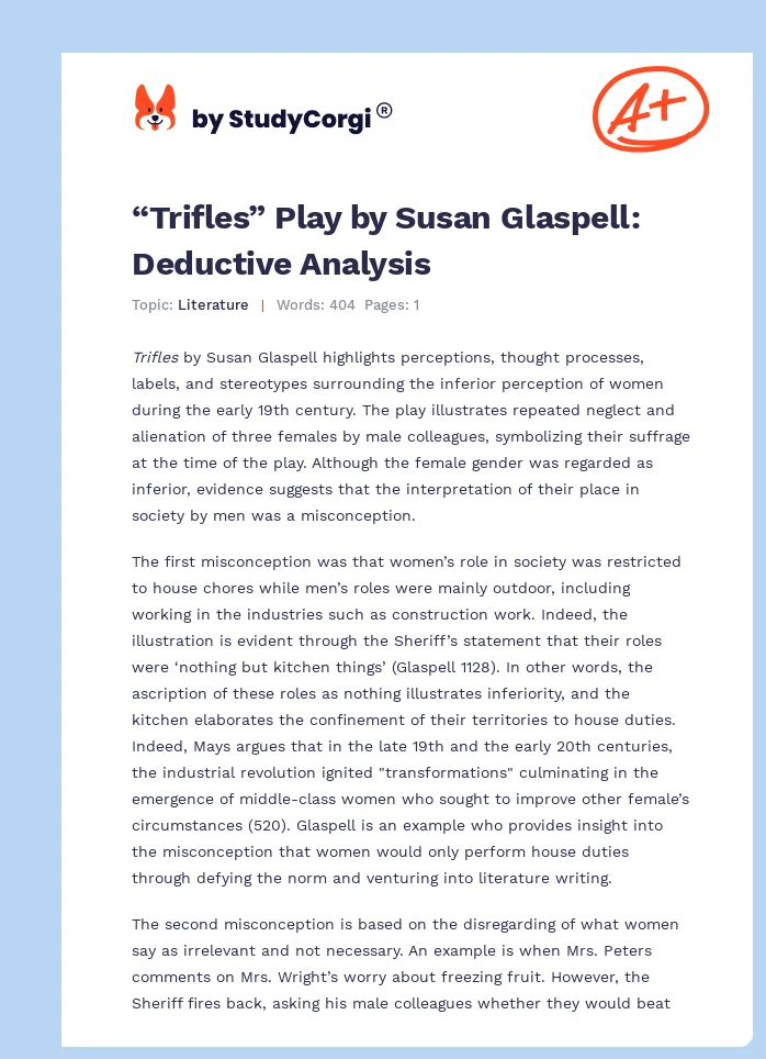 “Trifles” Play by Susan Glaspell: Deductive Analysis. Page 1