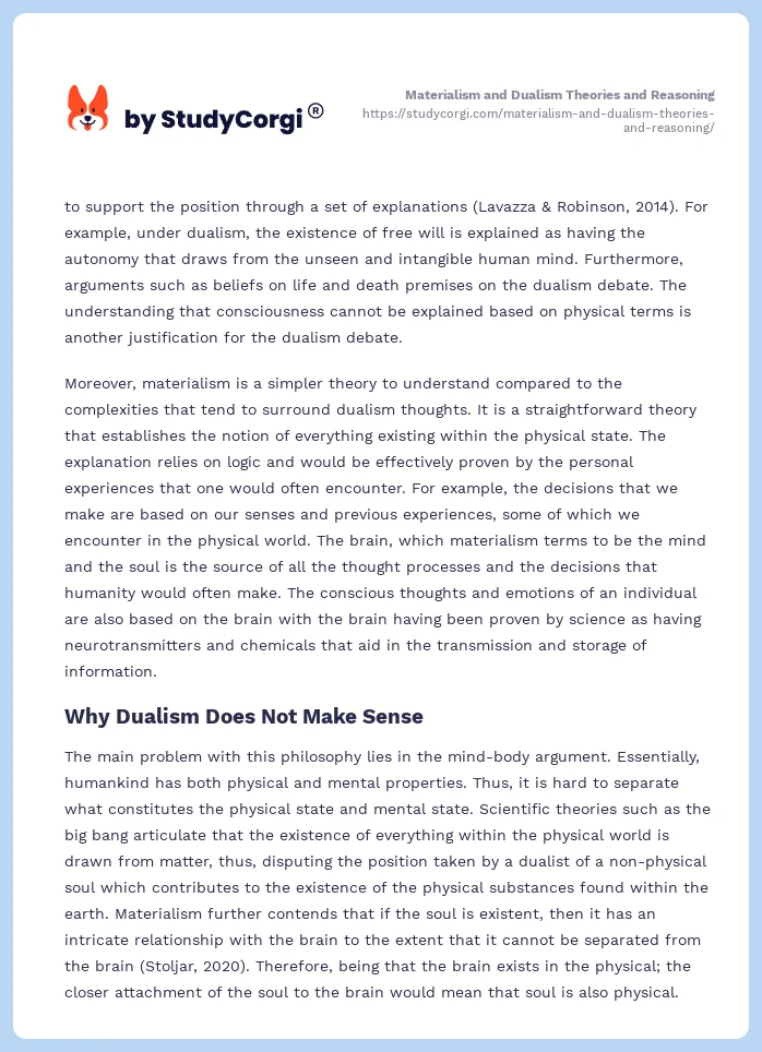 Materialism and Dualism Theories and Reasoning. Page 2