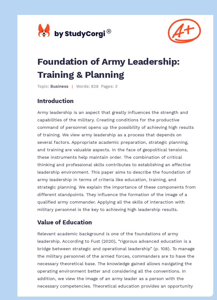 Foundation of Army Leadership: Training & Planning. Page 1