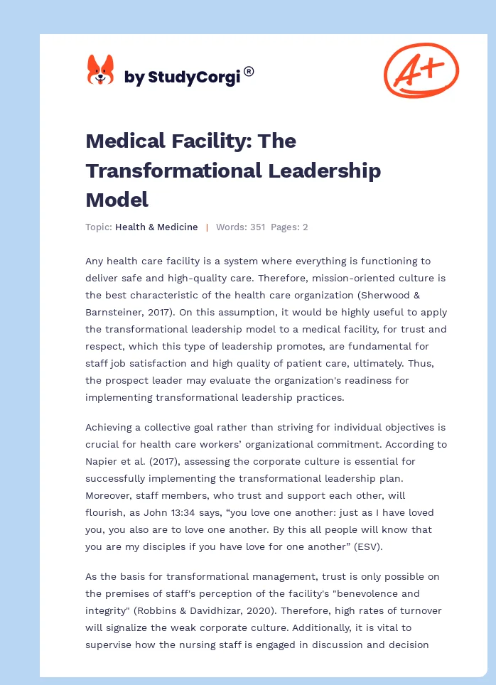 Medical Facility: The Transformational Leadership Model. Page 1