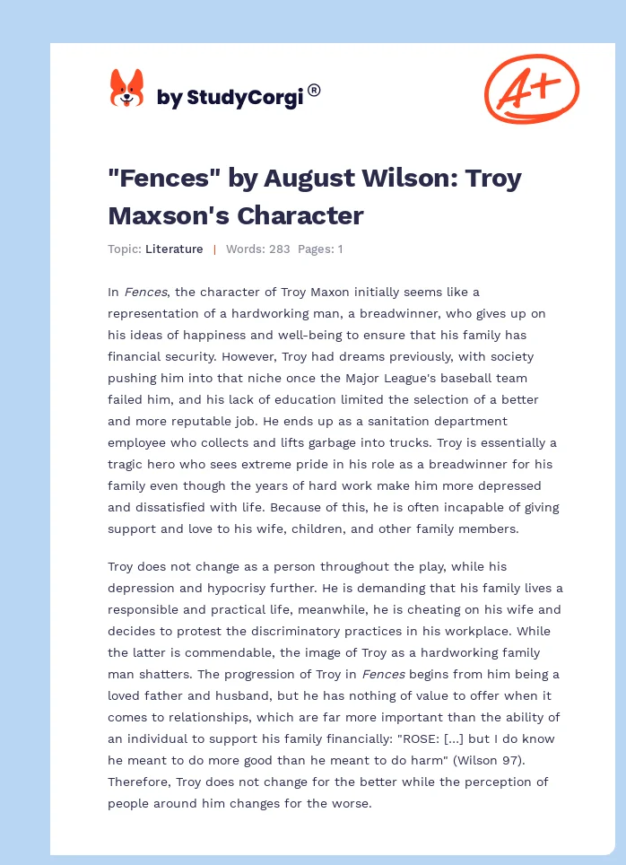 "Fences" by August Wilson: Troy Maxson's Character. Page 1