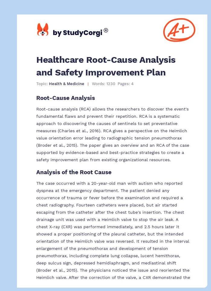 Healthcare Root-Cause Analysis and Safety Improvement Plan. Page 1