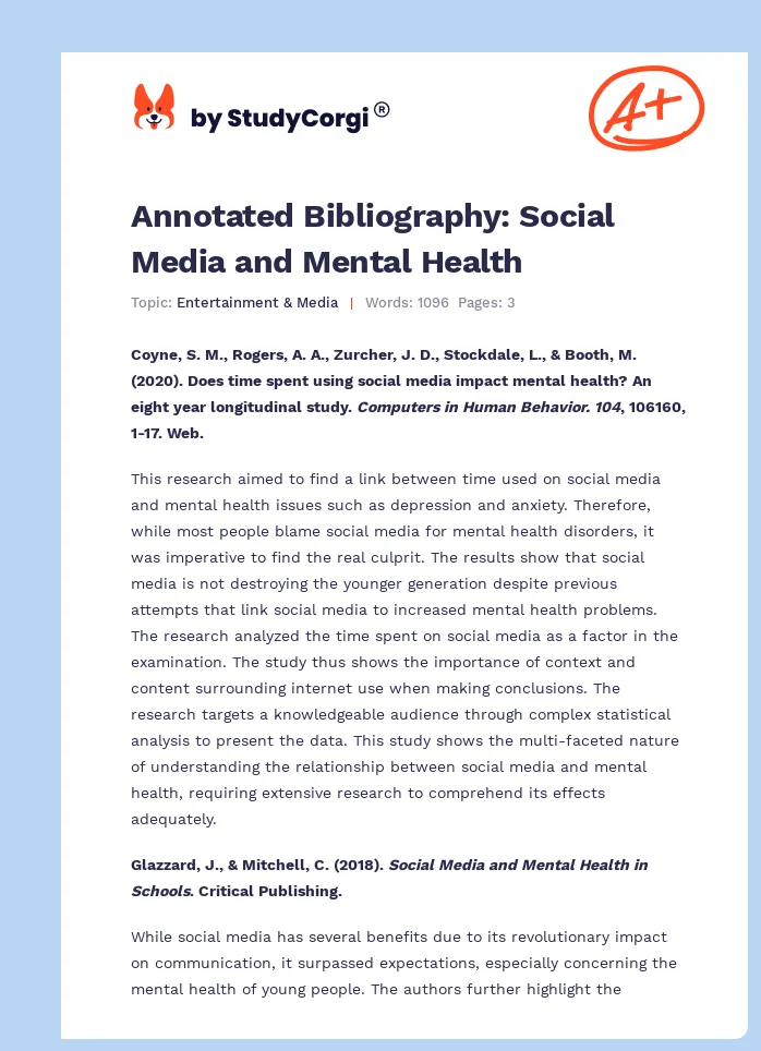 Annotated Bibliography: Social Media and Mental Health. Page 1