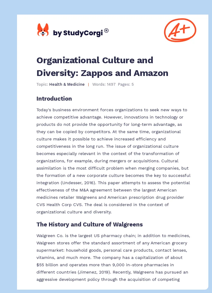 Organizational Culture and Diversity: Zappos and Amazon. Page 1