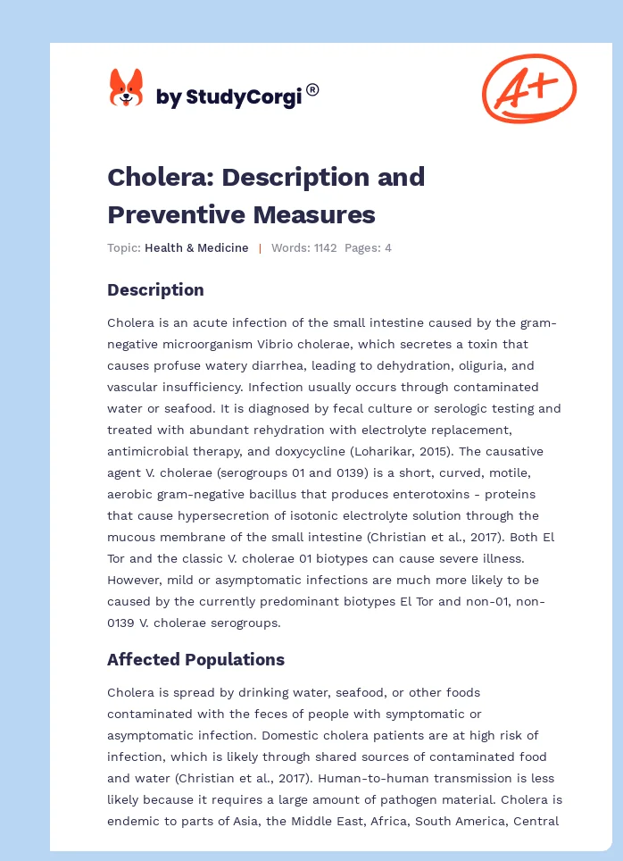 Cholera: Description and Preventive Measures. Page 1