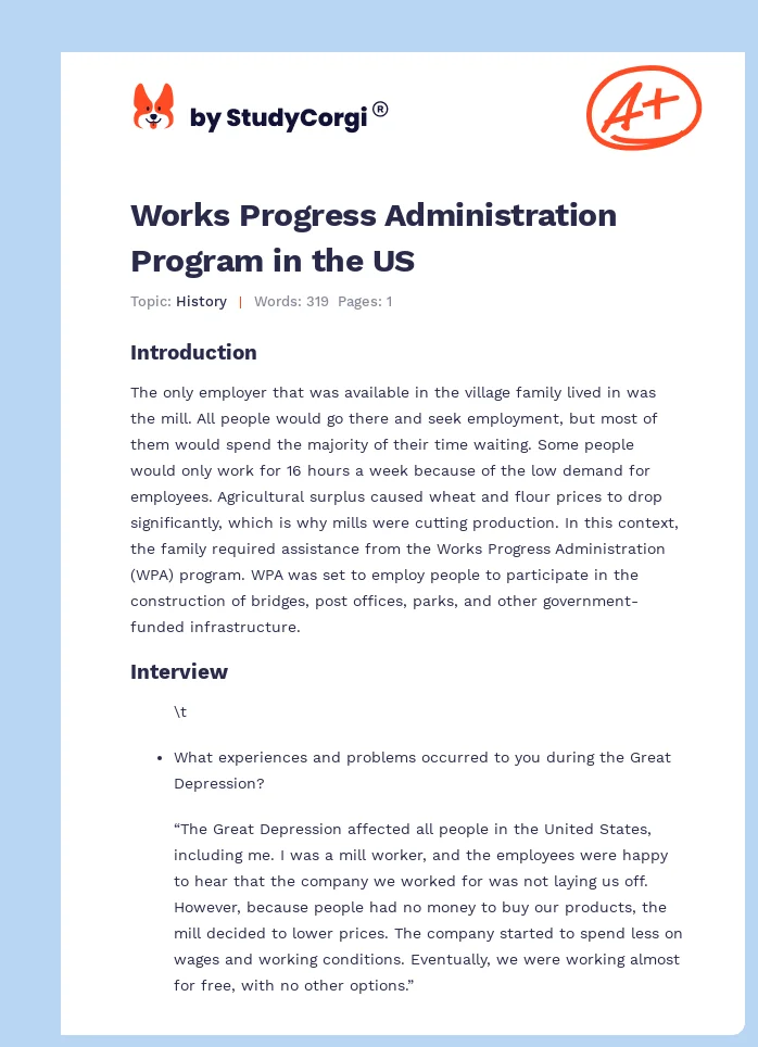 Works Progress Administration Program in the US. Page 1