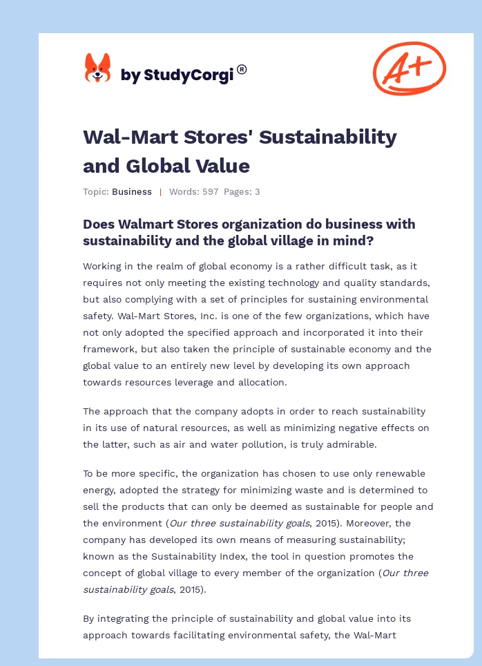 Wal-Mart Stores' Sustainability and Global Value. Page 1