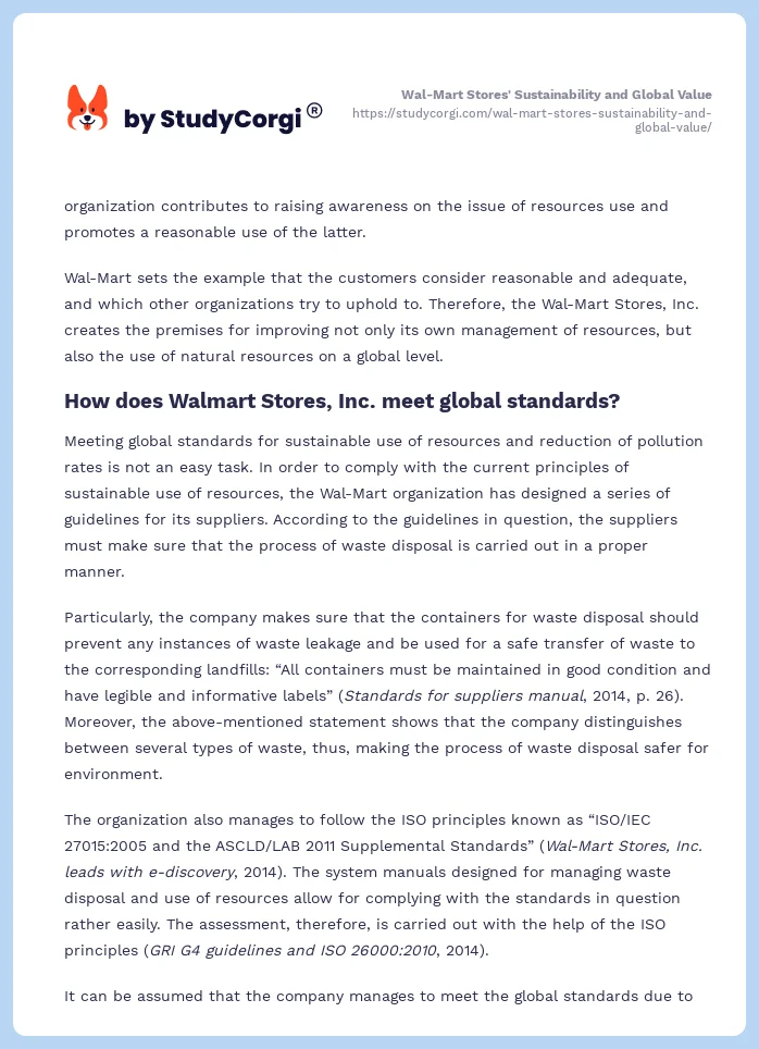 Wal-Mart Stores' Sustainability and Global Value. Page 2