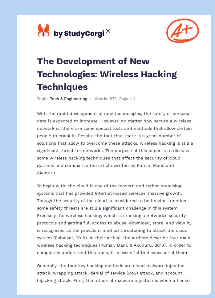 The Development of New Technologies: Wireless Hacking Techniques. Page 1