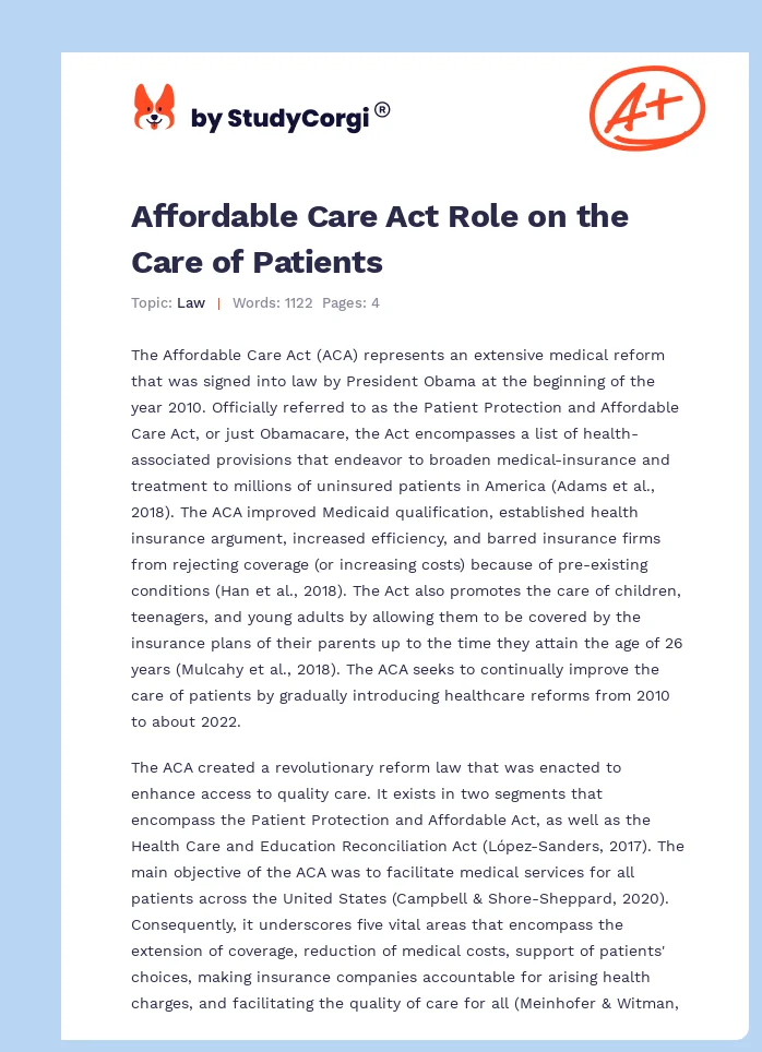 Affordable Care Act Role on the Care of Patients. Page 1