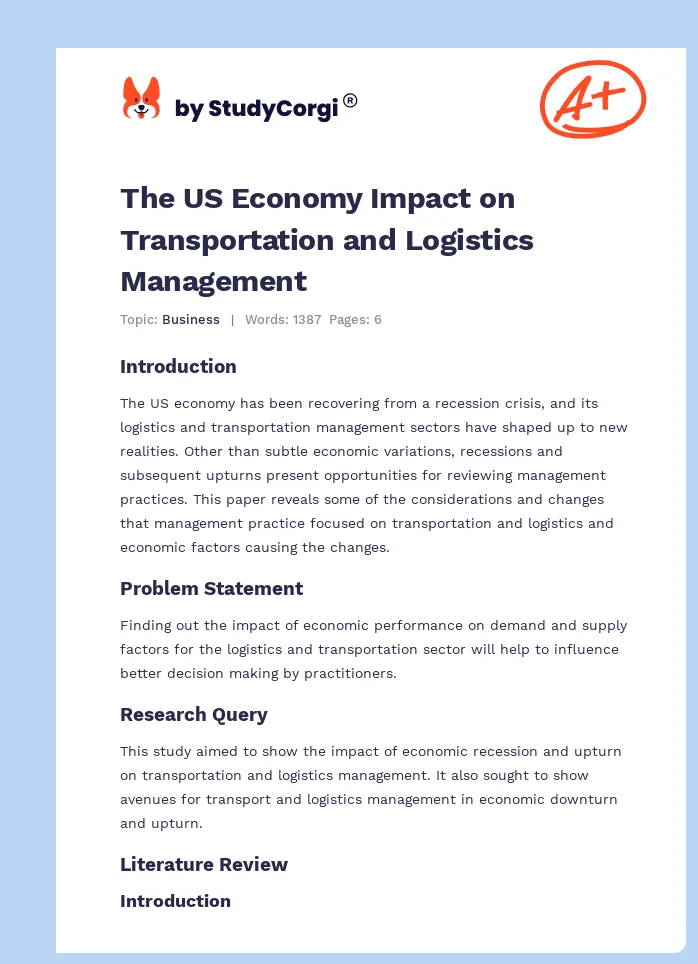The US Economy Impact on Transportation and Logistics Management. Page 1