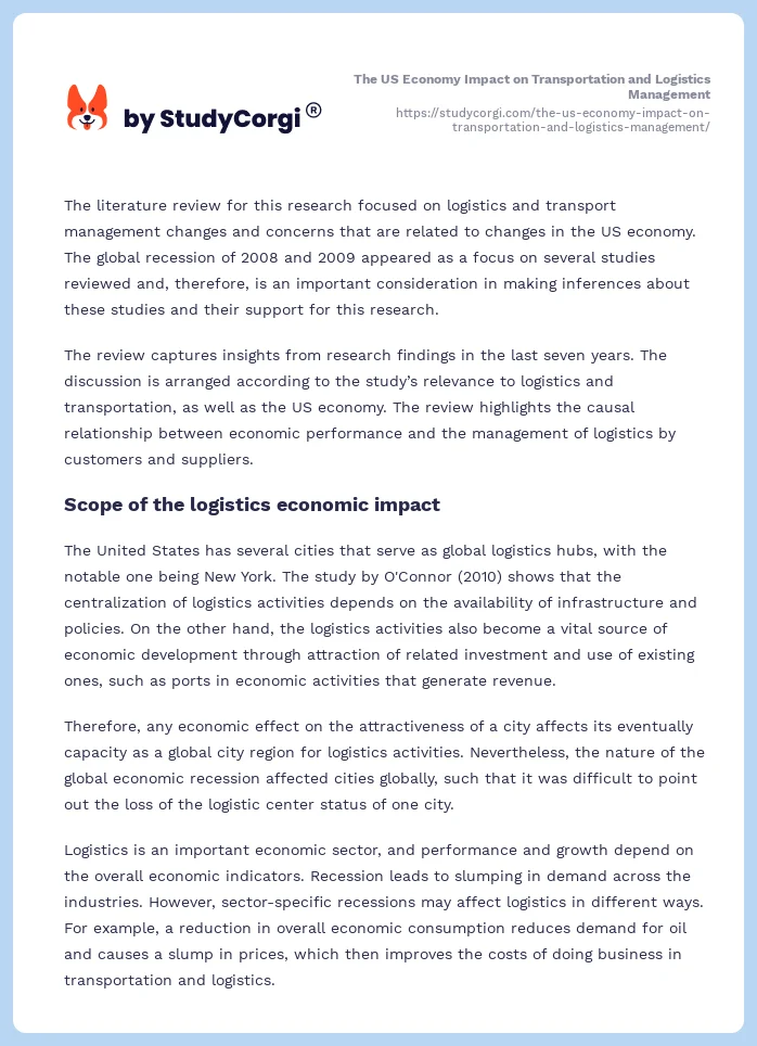 The US Economy Impact on Transportation and Logistics Management. Page 2