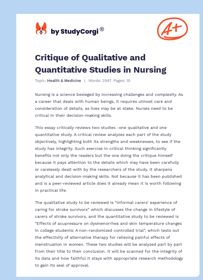 Critique of Qualitative and Quantitative Studies in Nursing. Page 1