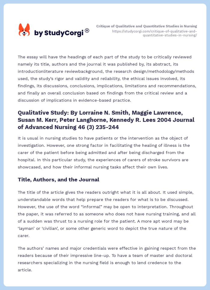 Critique of Qualitative and Quantitative Studies in Nursing. Page 2