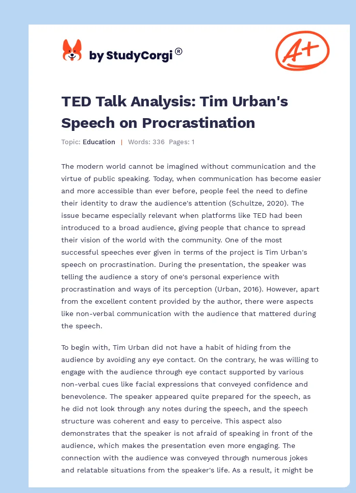 TED Talk Analysis: Tim Urban's Speech on Procrastination. Page 1