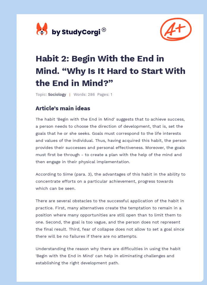 Habit 2: Begin With the End in Mind. “Why Is It Hard to Start With the End in Mind?”. Page 1