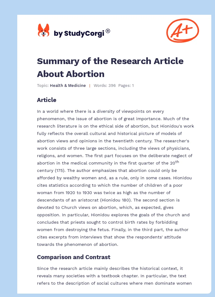 Summary of the Research Article About Abortion. Page 1