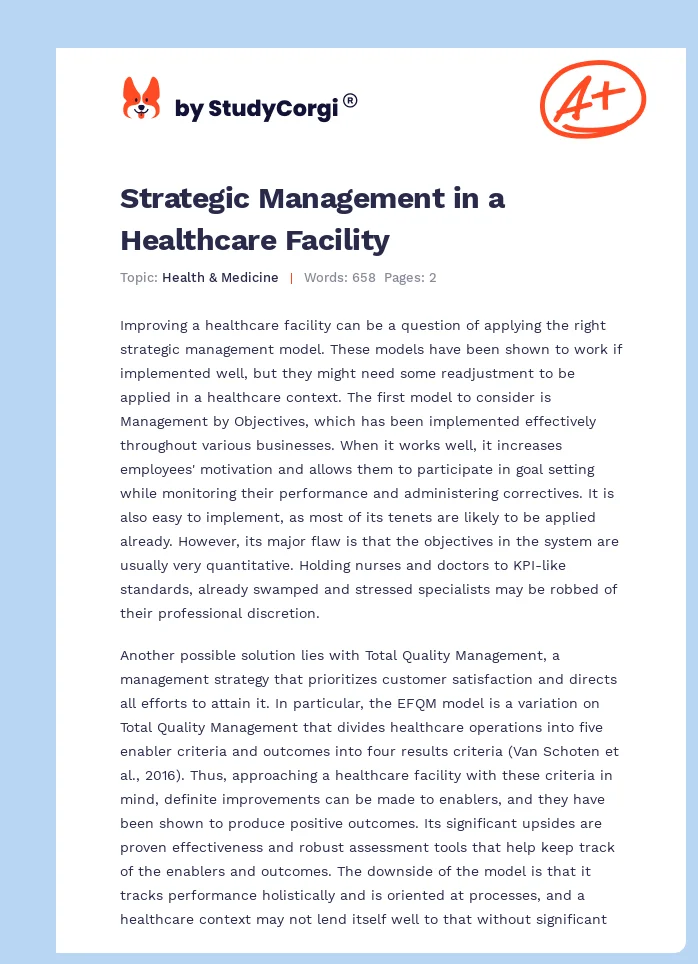 Strategic Management in a Healthcare Facility. Page 1