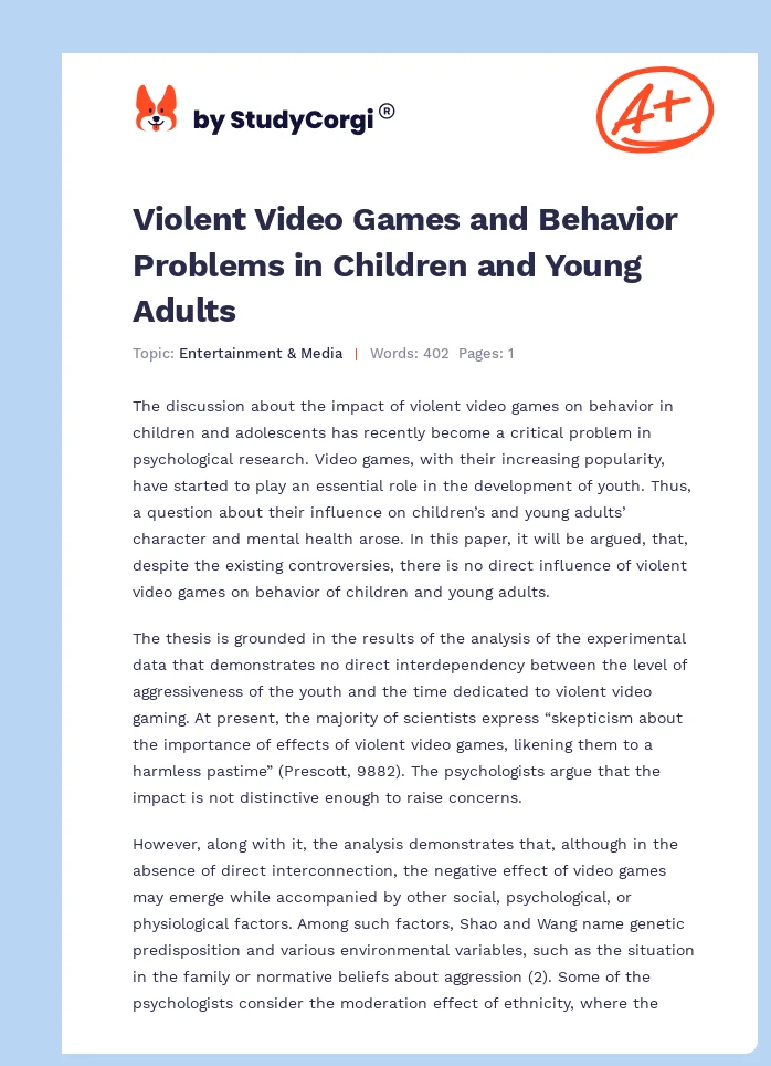 Violent Video Games and Behavior Problems in Children and Young Adults. Page 1