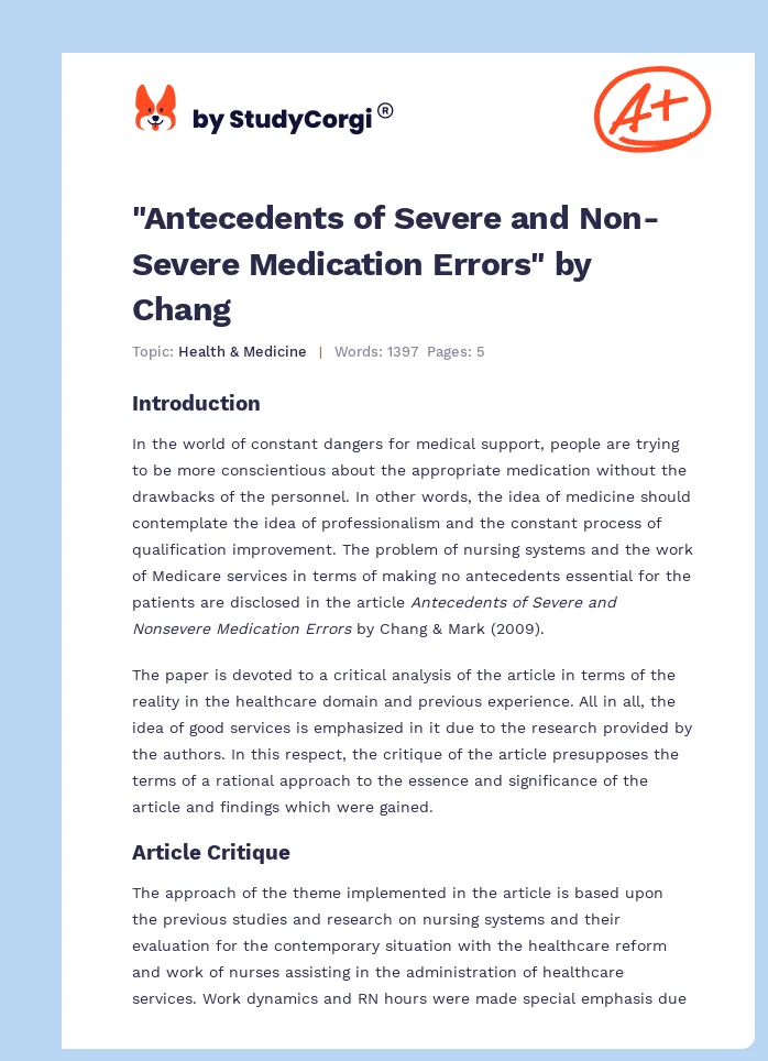 "Antecedents of Severe and Non-Severe Medication Errors" by Chang. Page 1