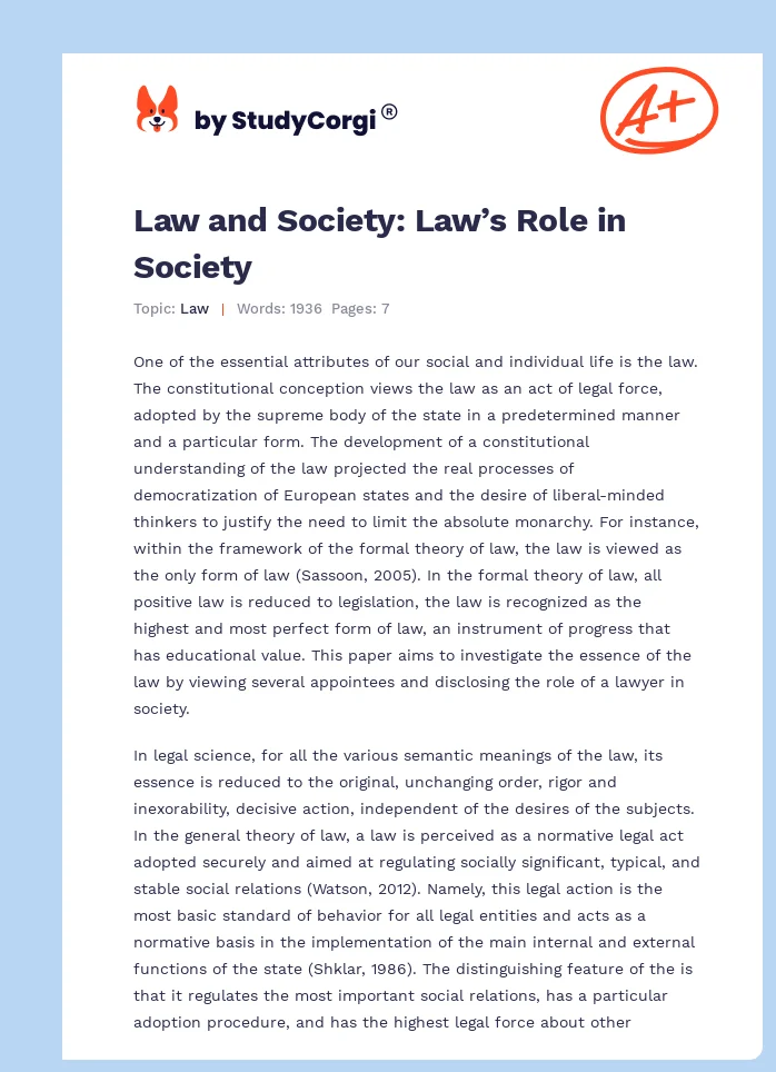 Law and Society: Law’s Role in Society. Page 1