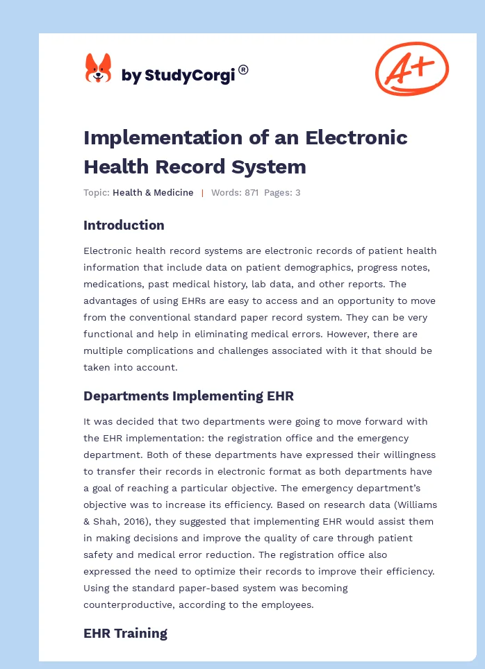 Implementation of an Electronic Health Record System. Page 1