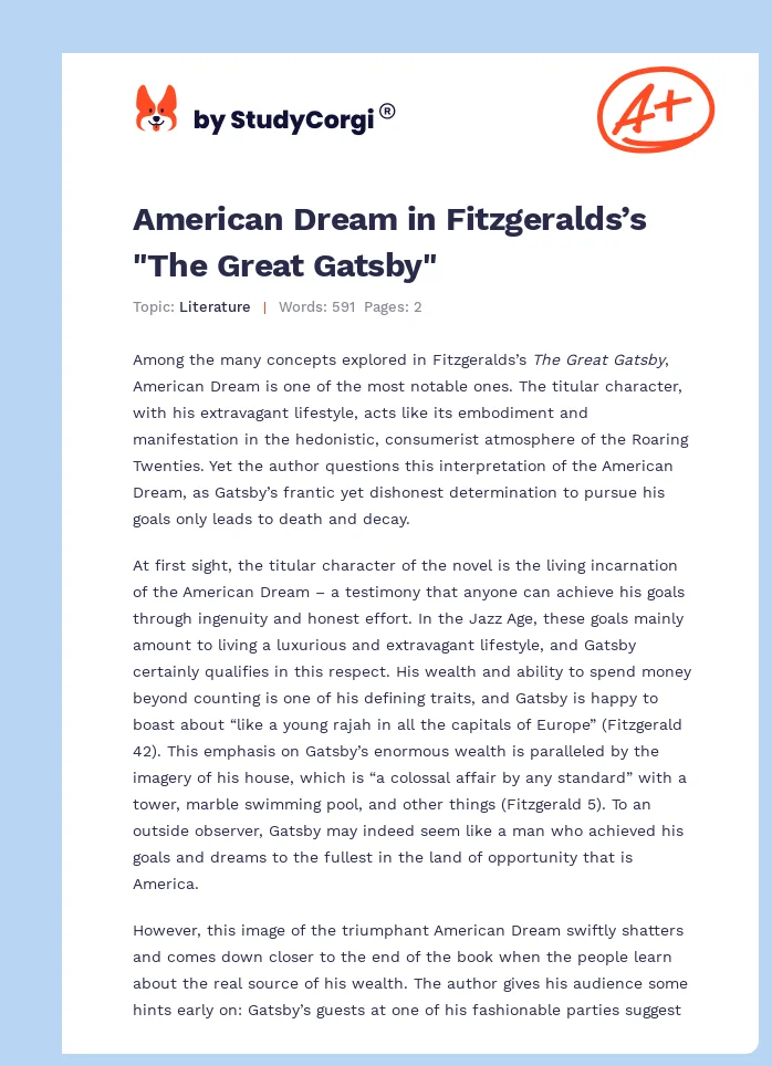 American Dream in Fitzgeralds’s "The Great Gatsby". Page 1