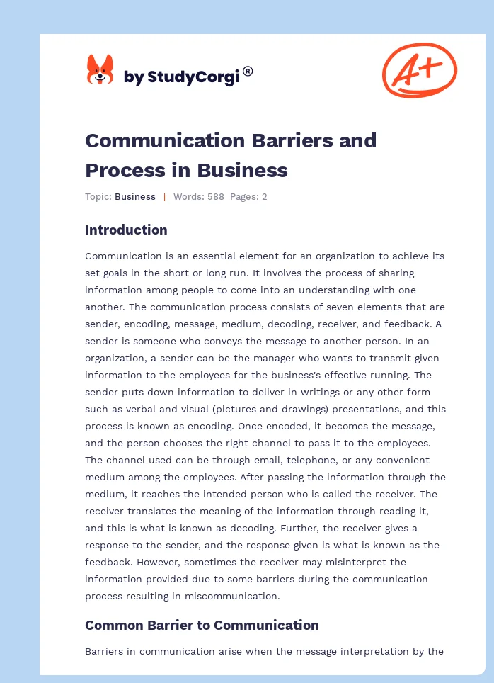 Communication Barriers and Process in Business. Page 1