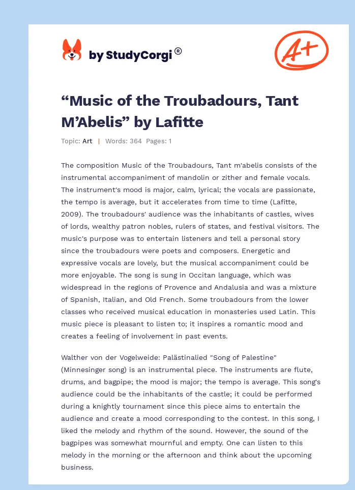 “Music of the Troubadours, Tant M’Abelis” by Lafitte. Page 1