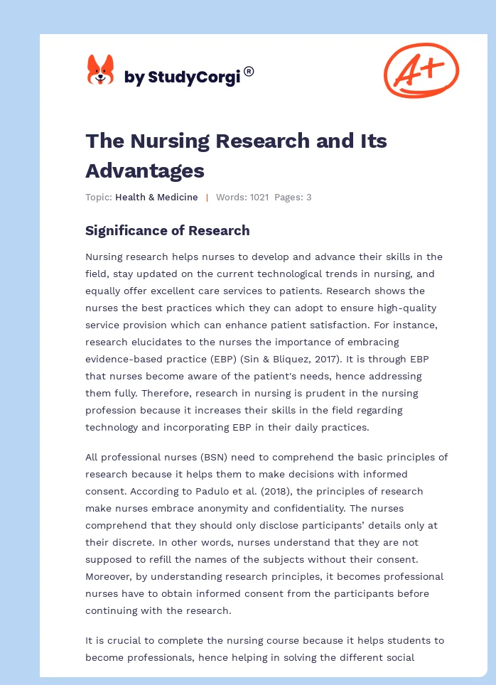 The Nursing Research and Its Advantages. Page 1