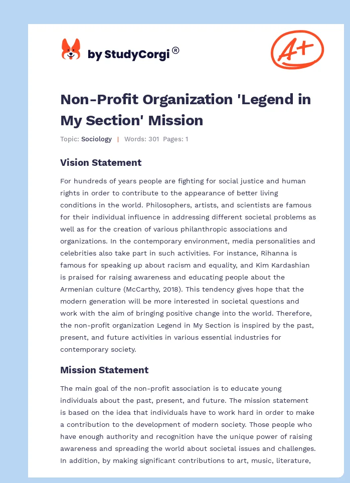 Non-Profit Organization 'Legend in My Section' Mission. Page 1