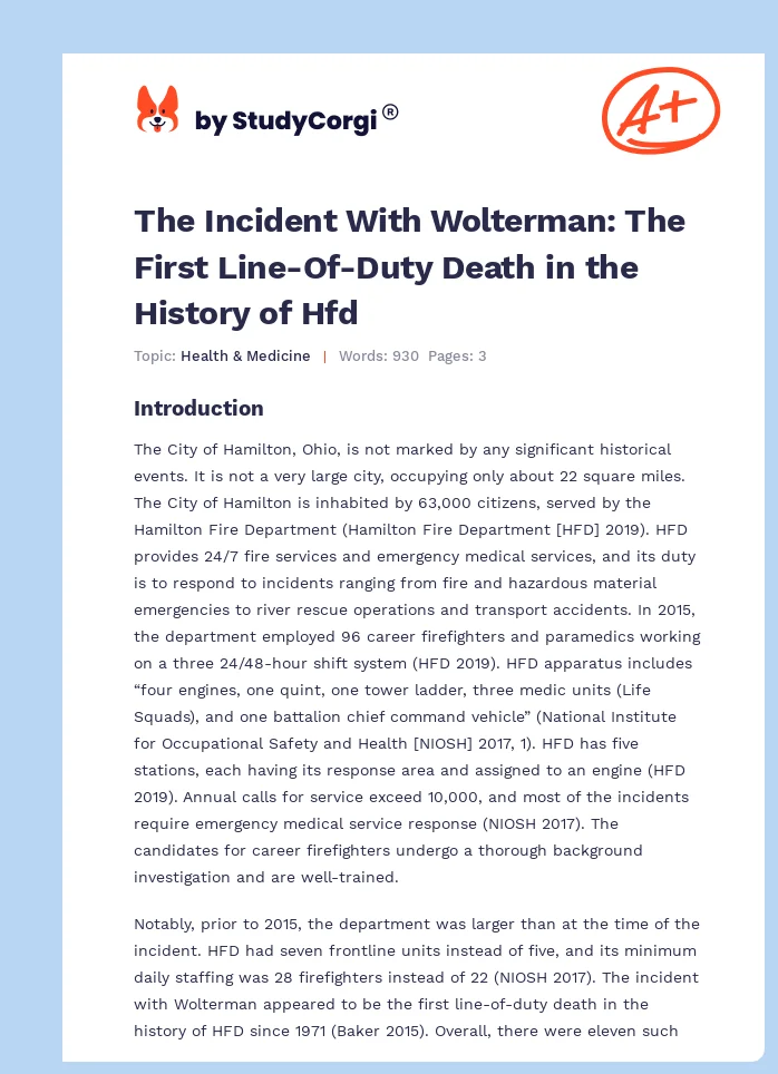 The Incident With Wolterman: The First Line-Of-Duty Death in the History of Hfd. Page 1