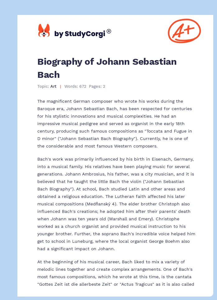 Biography of Johann Sebastian Bach. Page 1