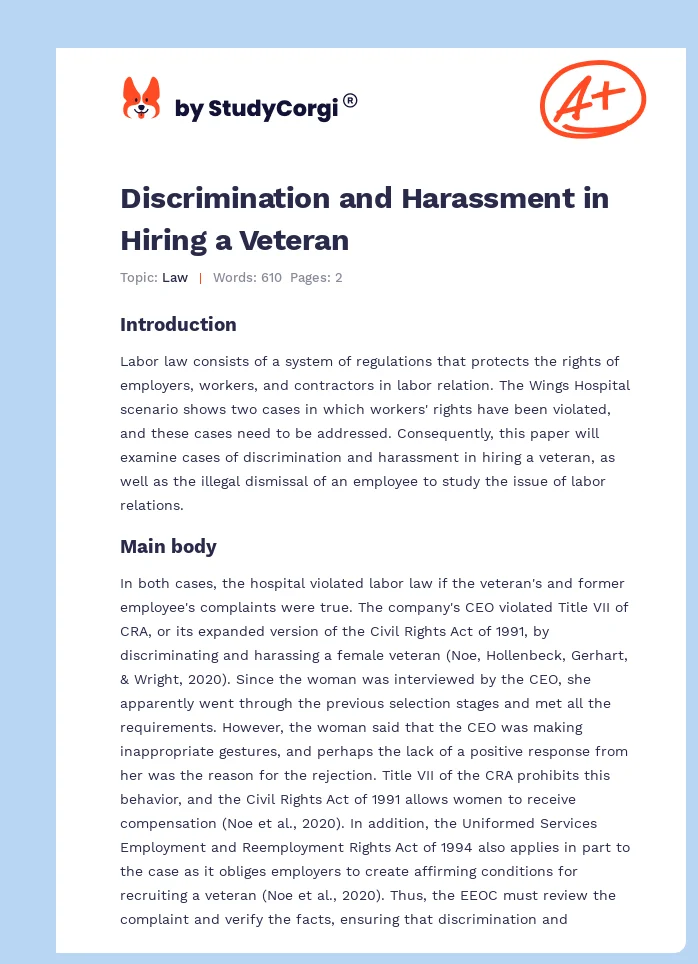 Discrimination and Harassment in Hiring a Veteran. Page 1