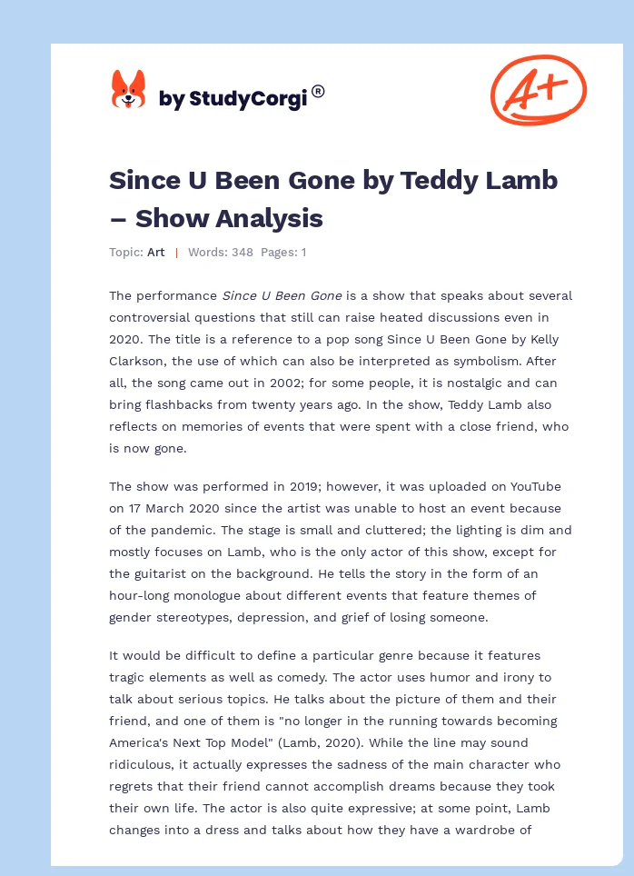 Since U Been Gone by Teddy Lamb – Show Analysis. Page 1