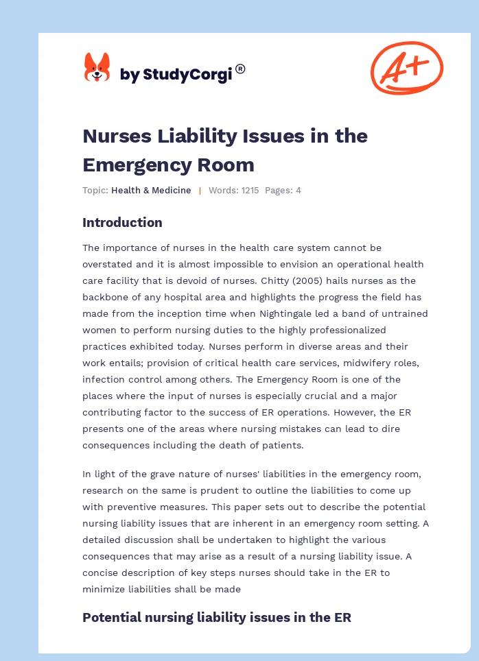 Nurses Liability Issues in the Emergency Room. Page 1