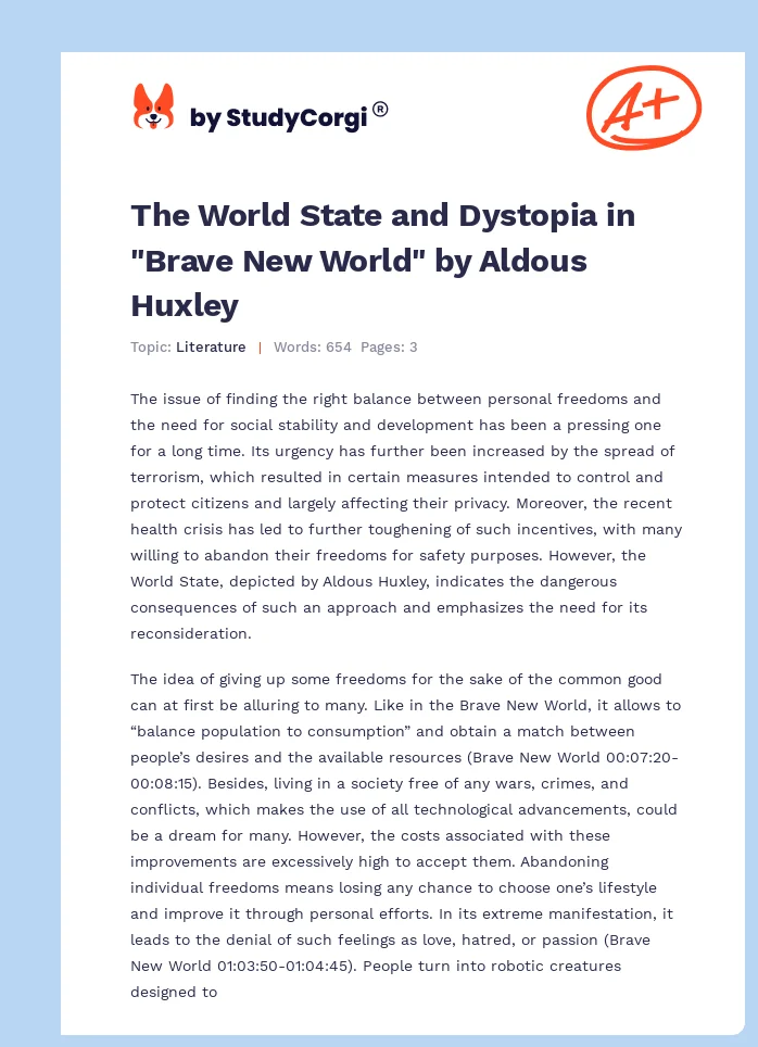 The World State and Dystopia in "Brave New World" by Aldous Huxley. Page 1